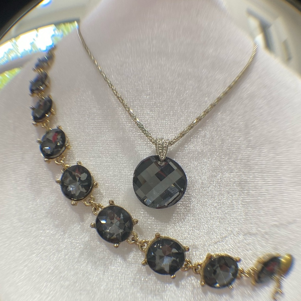 Vintage bracelet pendant necklace set Cocktail Party Jewelry Smokey Quartz stone